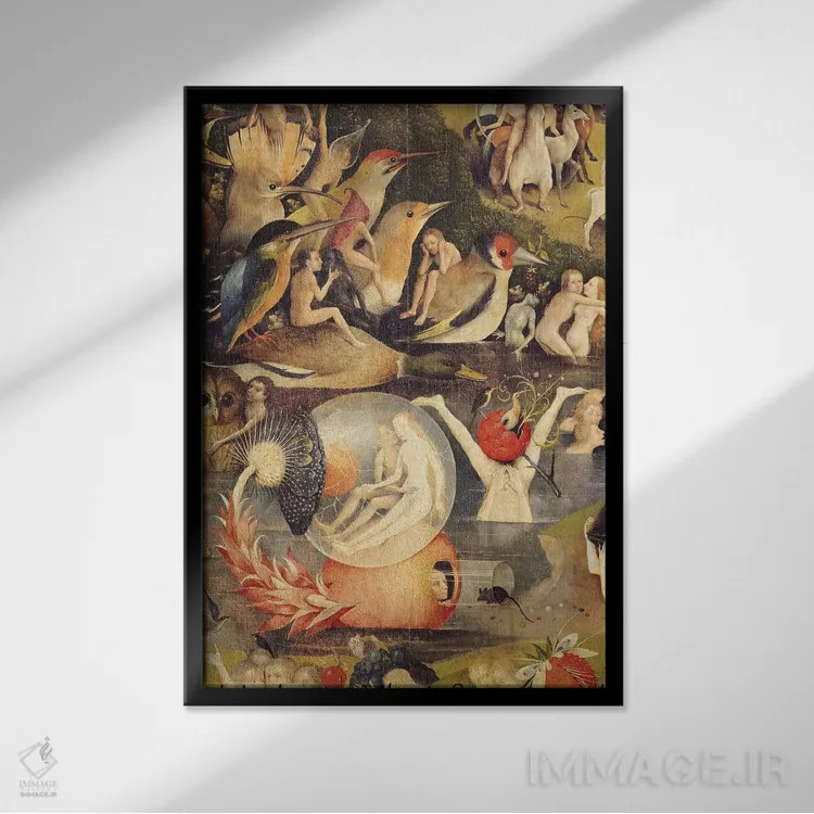 تابلو central panel of triptych, c.1500,باغ لذتهای زمینی: تمثیل تجملگرایی، پنل مرکزی سهلته، حدود ۱۵۰۰ اثر هیرونیموس بوش - نمای قابدار مشکی