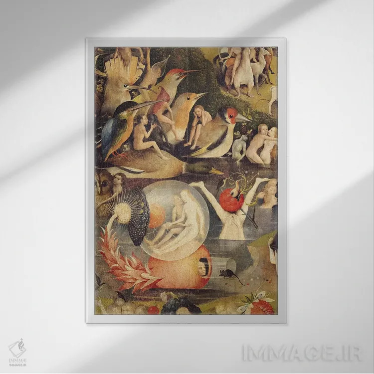 تابلو central panel of triptych, c.1500,باغ لذتهای زمینی: تمثیل تجملگرایی، پنل مرکزی سهلته، حدود ۱۵۰۰ اثر هیرونیموس بوش - نمای قابدار سفید