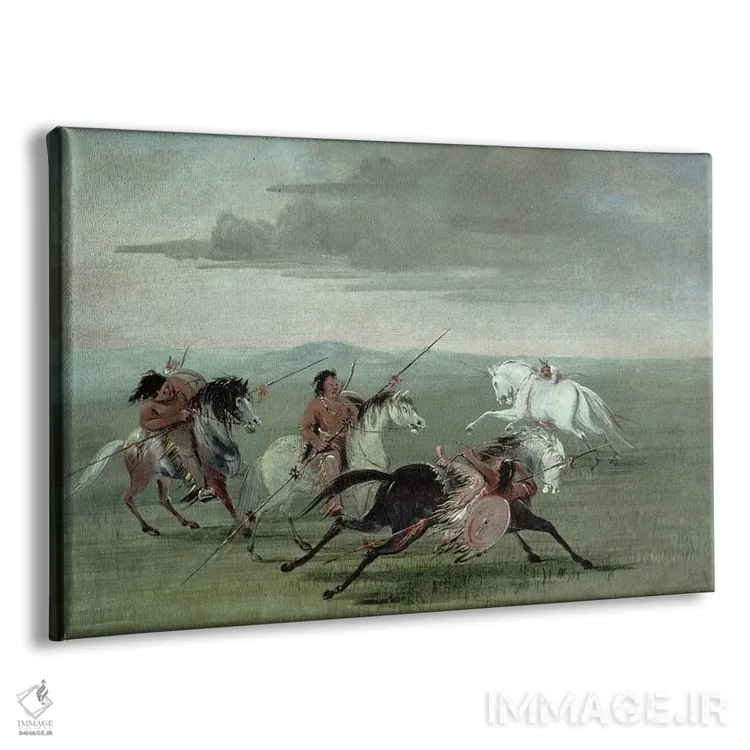 تابلو هنرنماییهای رزمی اسبسواری قبیله کومانچی (بومی آمریکا) اثر جورج کتلین (نقاش بومیان آمریکا) - نمای پرسپکتیو محصول