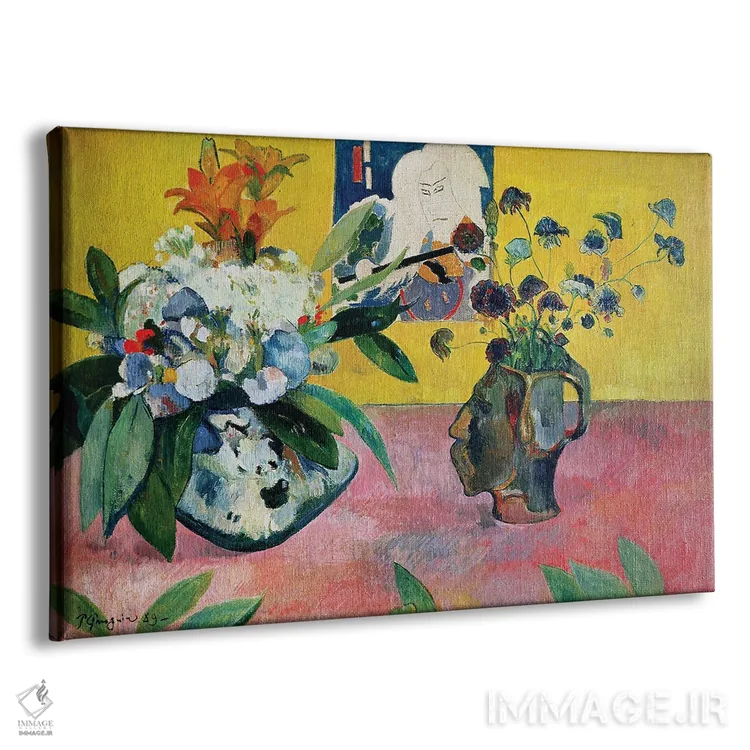 تابلو طبیعت بیجان با گلدان سرشکل و چاپ چوبی ژاپنی اثر پل گوگن - نمای پرسپکتیو محصول