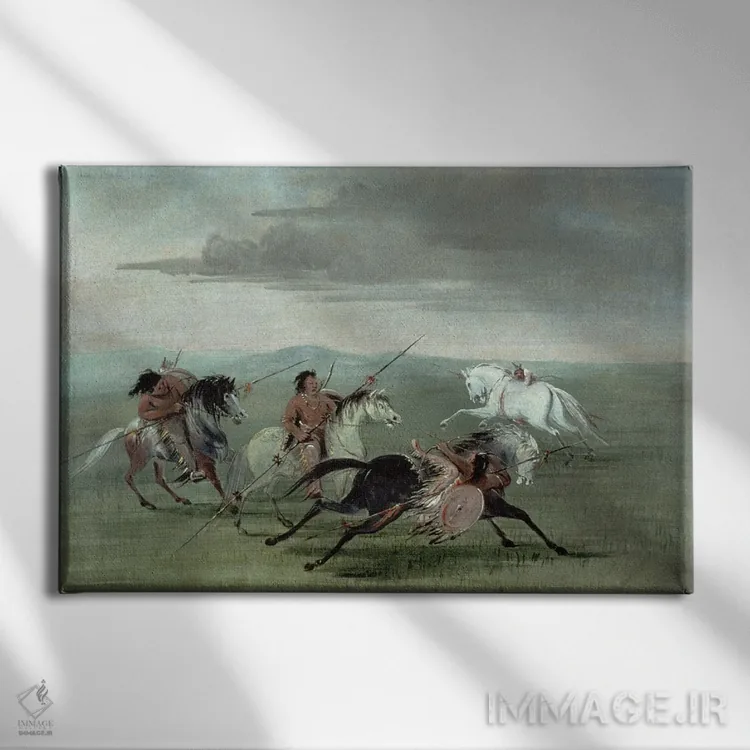 تابلو هنرنماییهای رزمی اسبسواری قبیله کومانچی (بومی آمریکا) اثر جورج کتلین (نقاش بومیان آمریکا) - نمای روبهرو روی دیوار