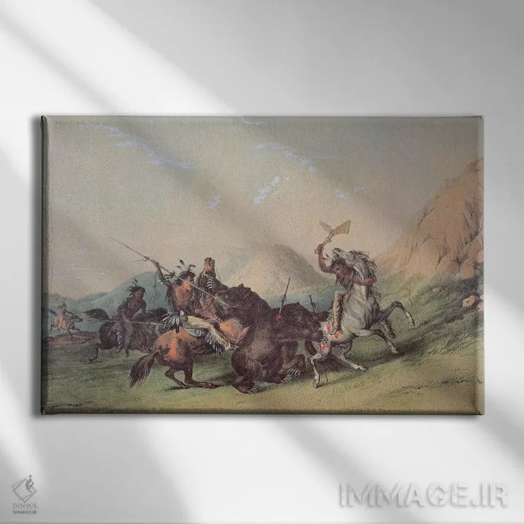 تابلو بومیان آمریکا در حال کشتن یک خرس اثر جورج کتلین (نقاش بومیان آمریکا) - نمای روبهرو روی دیوار