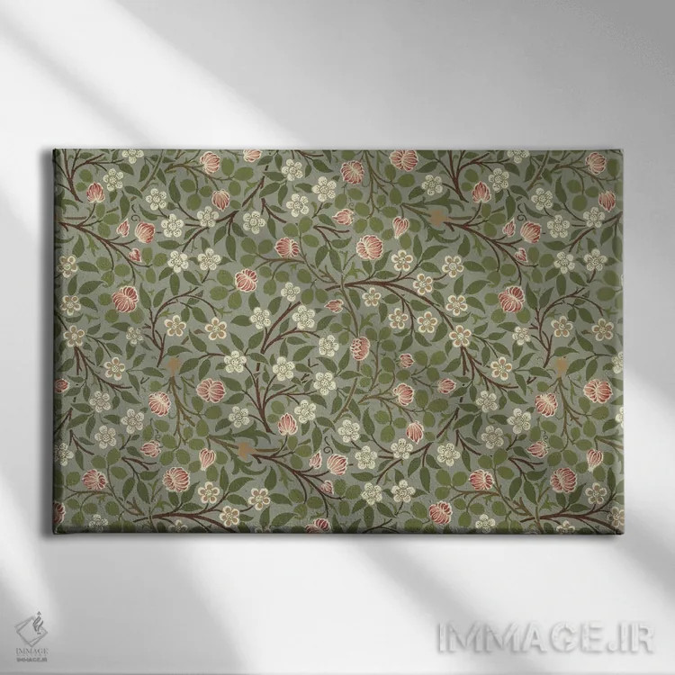تابلو گل ریز صورتی و سفید اثر ویلیام موریس (طراح و هنرمند بریتانیایی) - نمای روبهرو روی دیوار