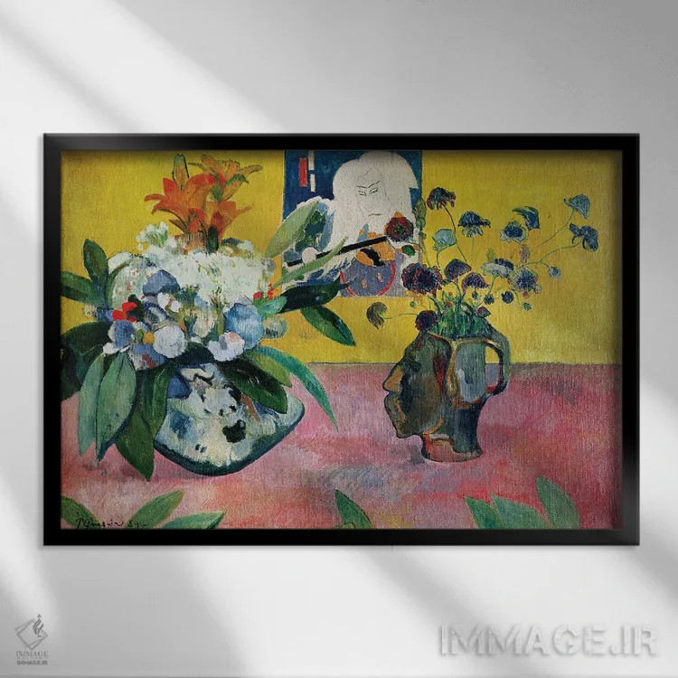 تابلو طبیعت بیجان با گلدان سرشکل و چاپ چوبی ژاپنی اثر پل گوگن - نمای قابدار مشکی
