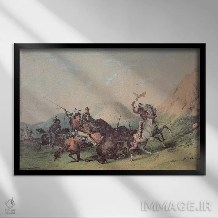 تابلو بومیان آمریکا در حال کشتن یک خرس اثر جورج کتلین (نقاش بومیان آمریکا) - نمای قابدار مشکی