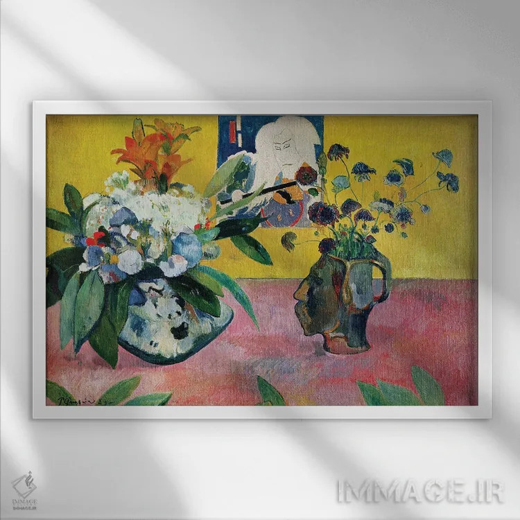 تابلو طبیعت بیجان با گلدان سرشکل و چاپ چوبی ژاپنی اثر پل گوگن - نمای قابدار سفید