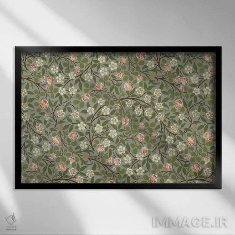 تابلو گل ریز صورتی و سفید اثر ویلیام موریس (طراح و هنرمند بریتانیایی) - نمای قابدار مشکی
