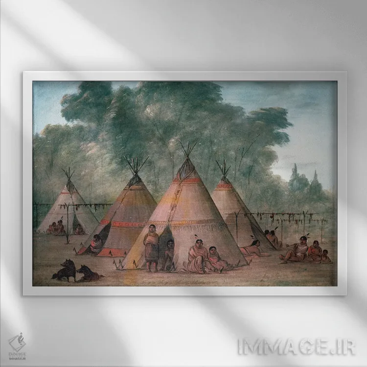 تابلو روستای سو (بومیان آمریکا) اثر جورج کتلین (نقاش بومیان آمریکا) - نمای قابدار سفید