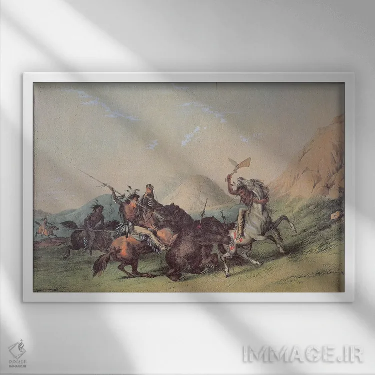 تابلو بومیان آمریکا در حال کشتن یک خرس اثر جورج کتلین (نقاش بومیان آمریکا) - نمای قابدار سفید