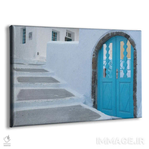 تابلو یونان، سانتورینی. در آبیرنگ به کوچهی خلوت خانههای سفیدپوش در پیرگوس جان بخشیده است اثر برندا ثارپ - نمای پرسپکتیو محصول