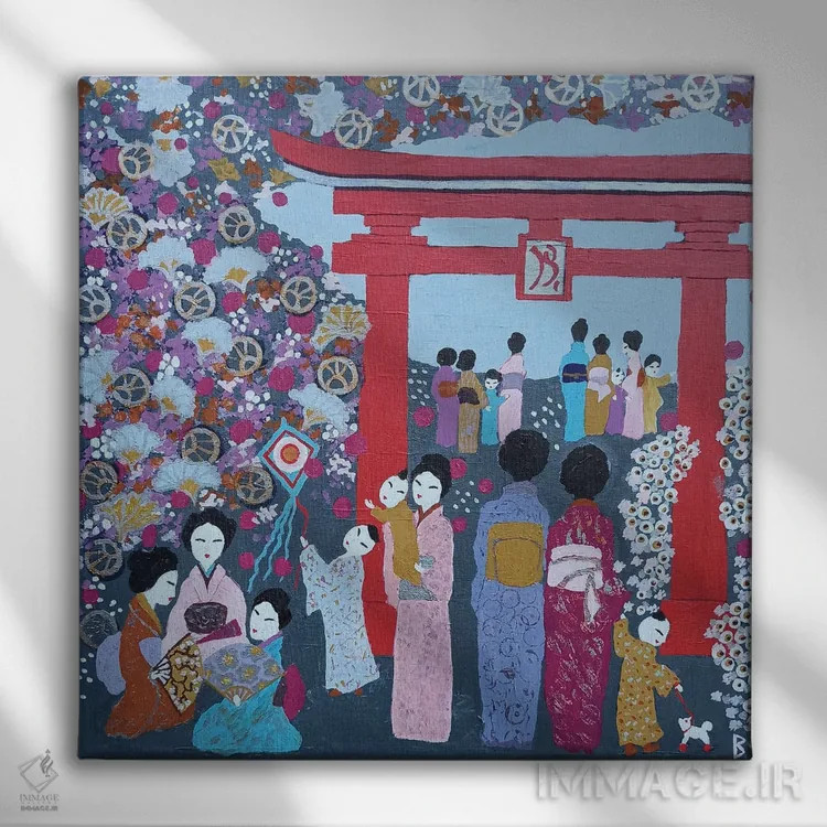 تابلو گردهمایی شاد کنار دروازه توریی (ژاپنی) اثر بریت بردال نیلسن - نمای روبهرو روی دیوار