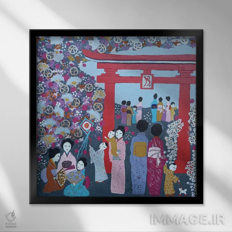 تابلو گردهمایی شاد کنار دروازه توریی (ژاپنی) اثر بریت بردال نیلسن - نمای قابدار مشکی