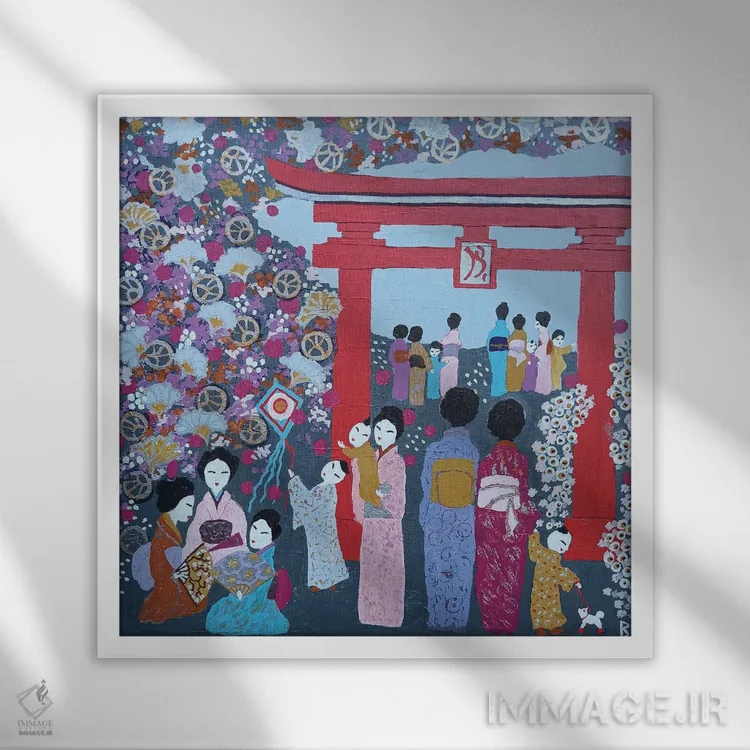 تابلو گردهمایی شاد کنار دروازه توریی (ژاپنی) اثر بریت بردال نیلسن - نمای قابدار سفید