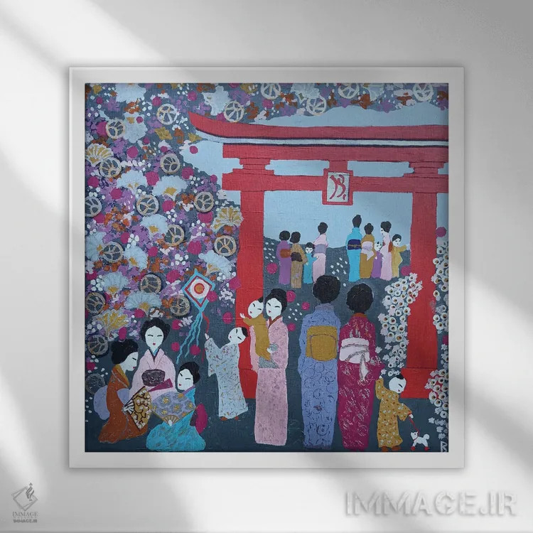 تابلو گردهمایی شاد کنار دروازه توریی (ژاپنی) اثر بریت بردال نیلسن - نمای قابدار سفید