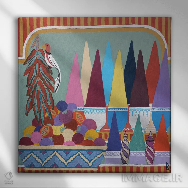 تابلو پرندهای در بازار ادویه اثر بریت بردال نیلسن - نمای روبهرو روی دیوار