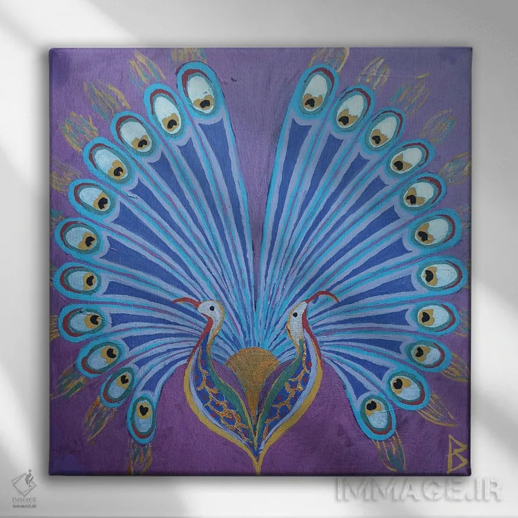 تابلو طاووس دوتایی ایرانی اثر بریت بردال نیلسن - نمای روبهرو روی دیوار