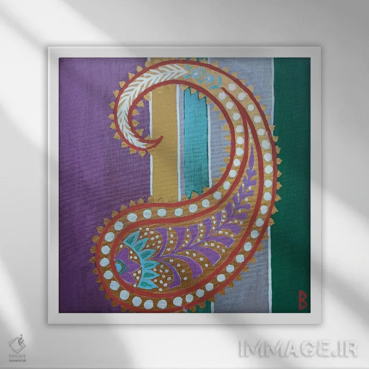 تابلو نقش پیزلی هندی (بته جقه هندی) اثر بریت بردال نیلسن - نمای قابدار سفید