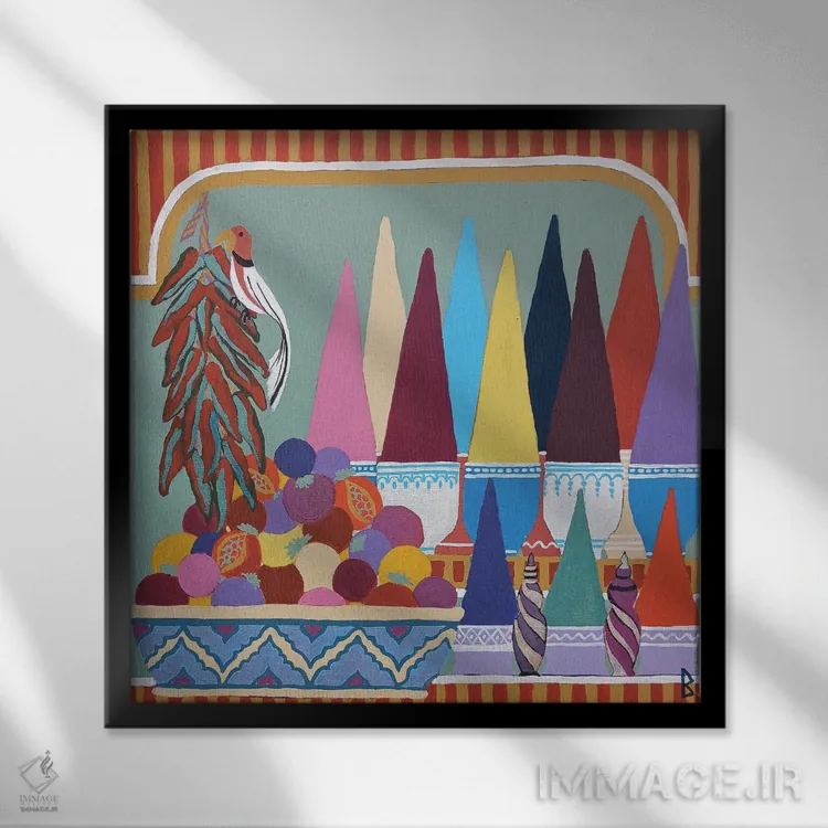 تابلو پرندهای در بازار ادویه اثر بریت بردال نیلسن - نمای قابدار مشکی