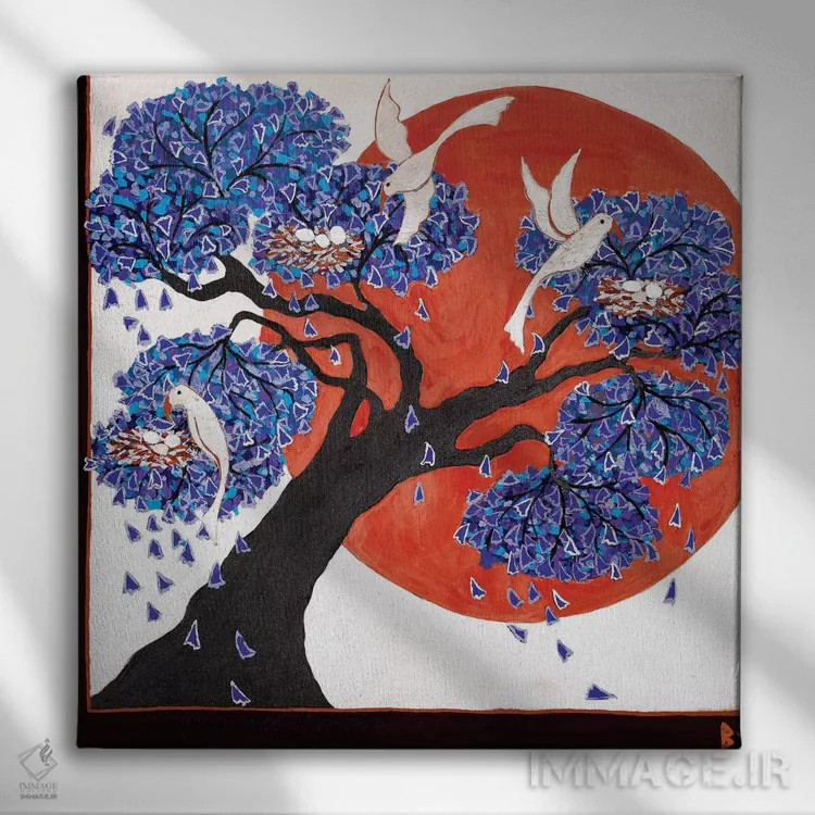 تابلو لانههای پرندگان در درخت ژاکاراندا اثر بریت بردال نیلسن - نمای روبهرو روی دیوار