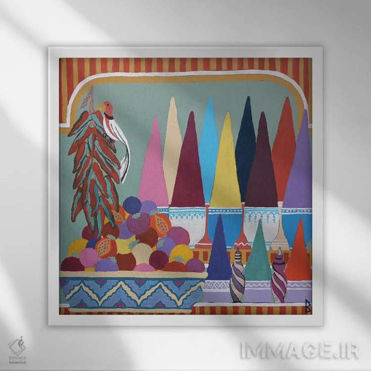 تابلو پرندهای در بازار ادویه اثر بریت بردال نیلسن - نمای قابدار سفید