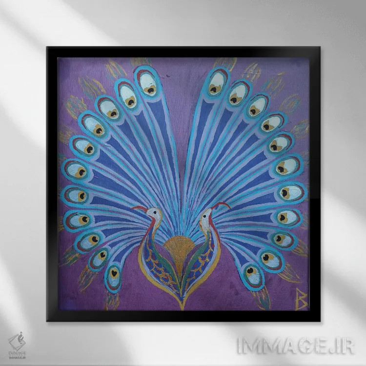 تابلو طاووس دوتایی ایرانی اثر بریت بردال نیلسن - نمای قابدار مشکی