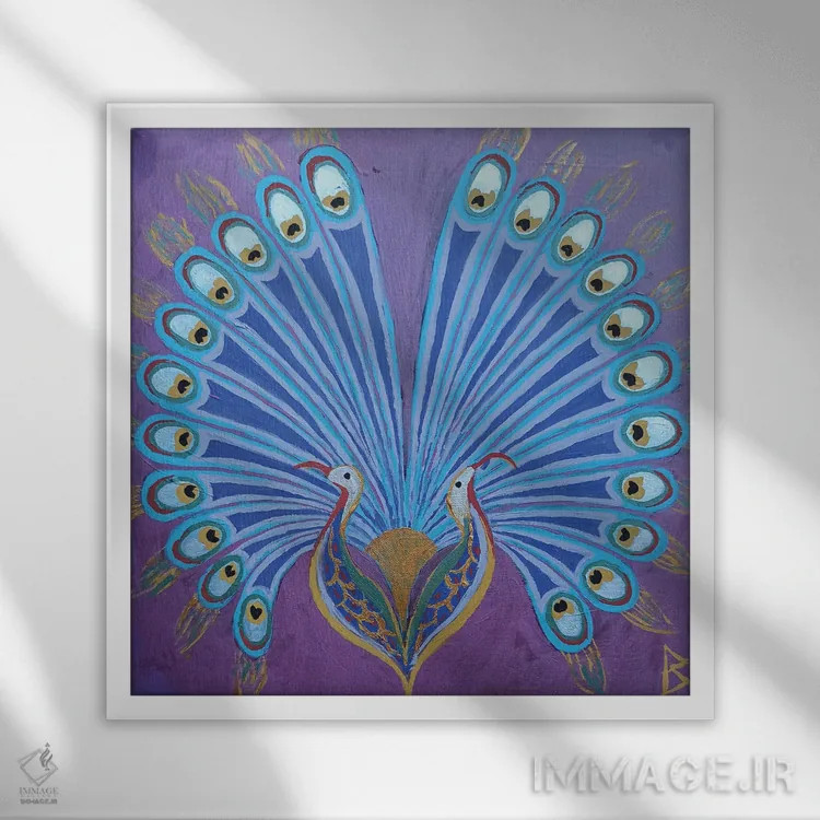 تابلو طاووس دوتایی ایرانی اثر بریت بردال نیلسن - نمای قابدار سفید
