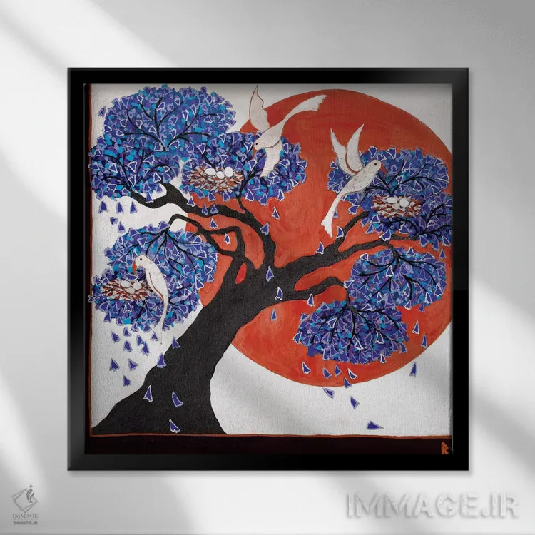 تابلو لانههای پرندگان در درخت ژاکاراندا اثر بریت بردال نیلسن - نمای قابدار مشکی