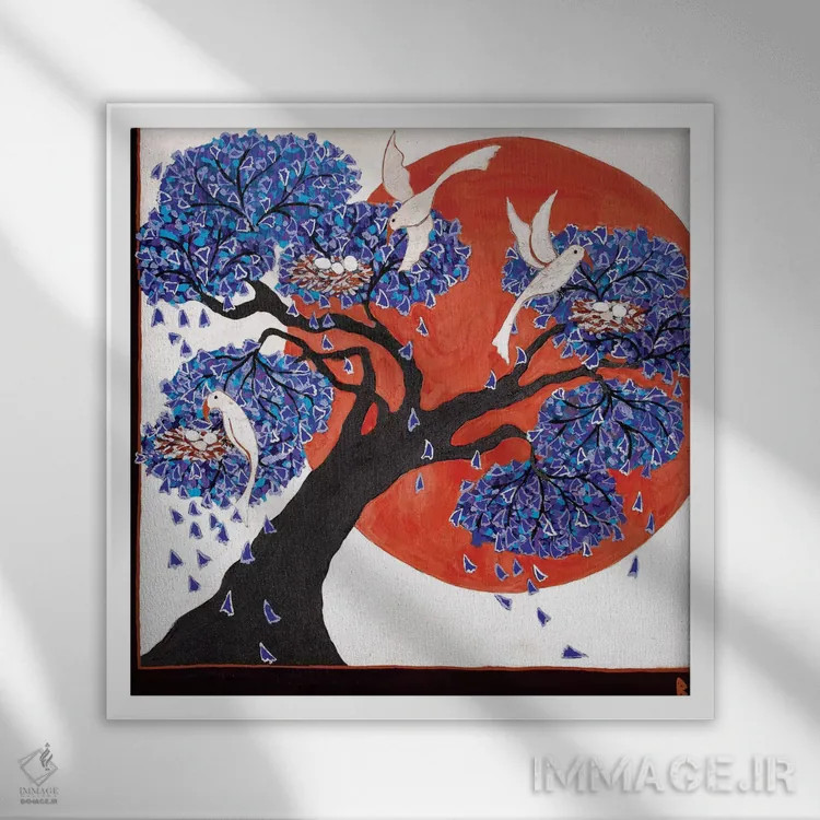 تابلو لانههای پرندگان در درخت ژاکاراندا اثر بریت بردال نیلسن - نمای قابدار سفید