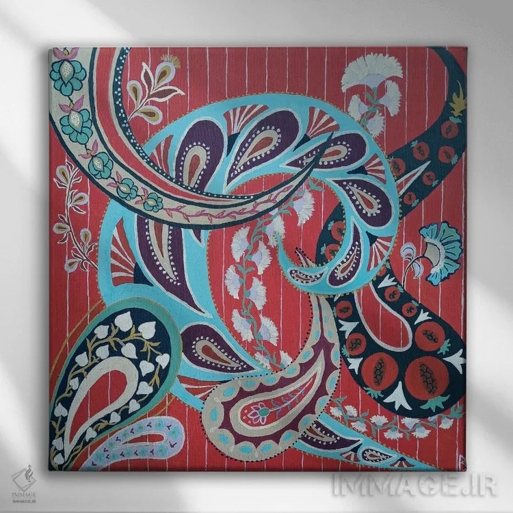 تابلو نقش پیزلی قرمز (بتهجقه قرمز) اثر بریت بردال نیلسن - نمای روبهرو روی دیوار