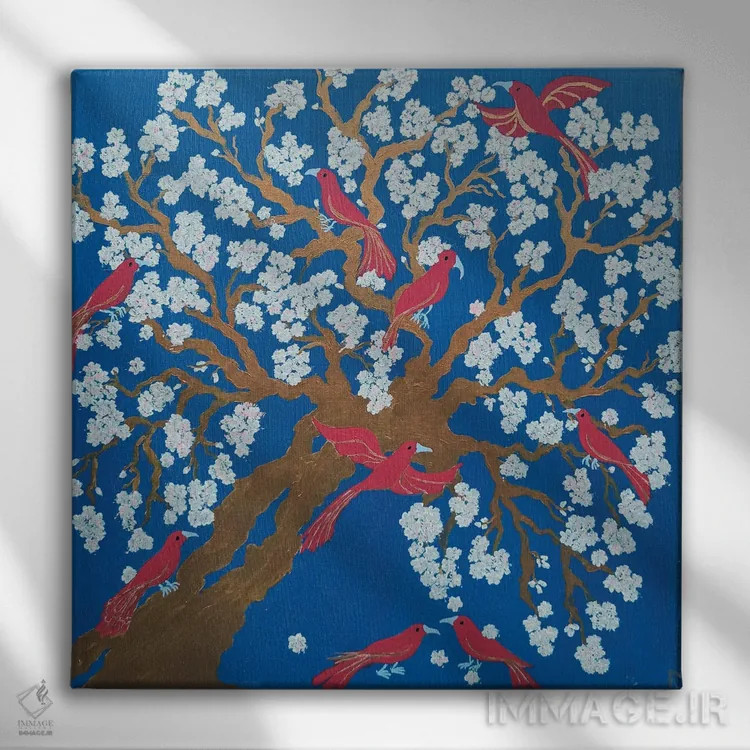 تابلو شکوفههای آلو و پرندگان سفید اثر بریت بردال نیلسن - نمای روبهرو روی دیوار