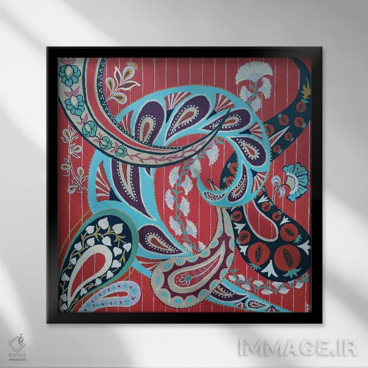 تابلو نقش پیزلی قرمز (بتهجقه قرمز) اثر بریت بردال نیلسن - نمای قابدار مشکی