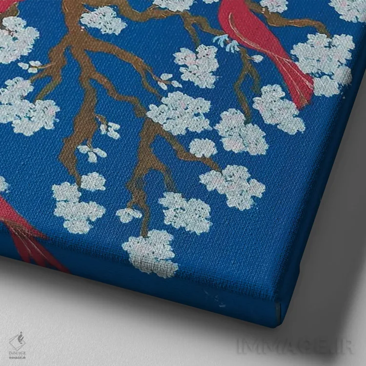 تابلو شکوفههای آلو و پرندگان سفید اثر بریت بردال نیلسن - نمای نزدیک بافت بوم