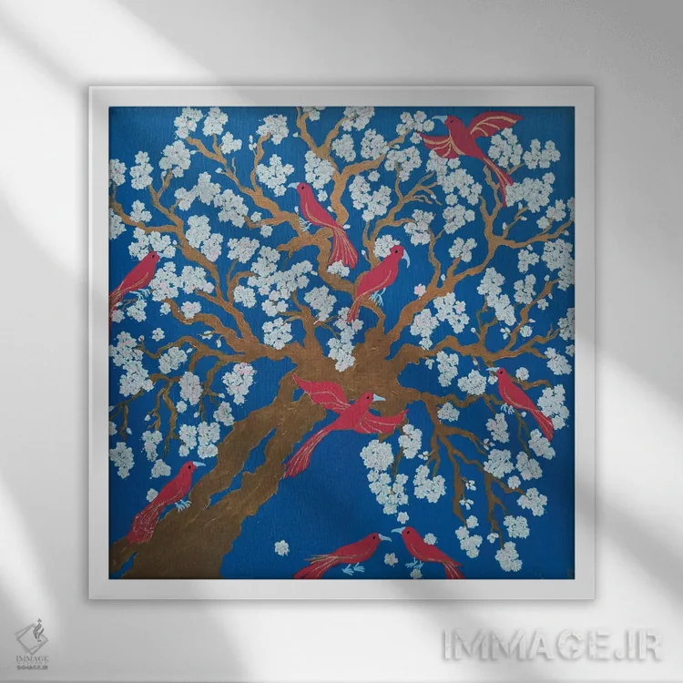 تابلو شکوفههای آلو و پرندگان سفید اثر بریت بردال نیلسن - نمای قابدار سفید