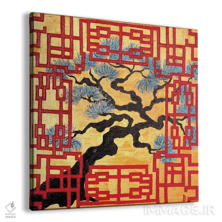 تابلو درخت پیچخورده و پرده مشبک قرمز اثر بریت بردال نیلسن - نمای پرسپکتیو محصول