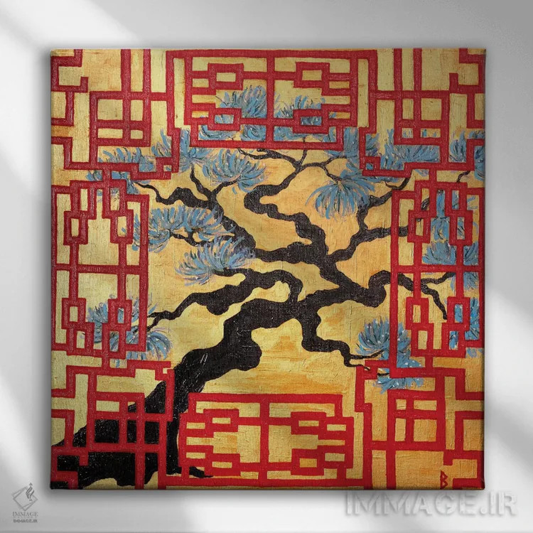 تابلو درخت پیچخورده و پرده مشبک قرمز اثر بریت بردال نیلسن - نمای روبهرو روی دیوار