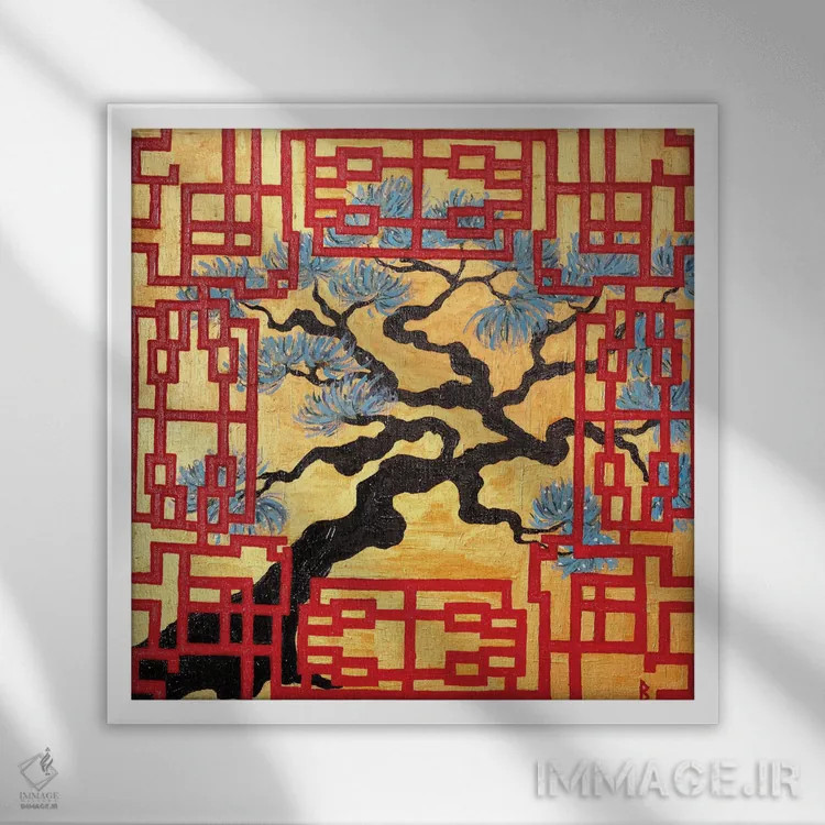 تابلو درخت پیچخورده و پرده مشبک قرمز اثر بریت بردال نیلسن - نمای قابدار سفید