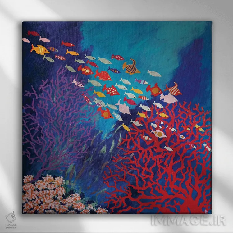 تابلو مرجانها و ماهیهای رنگارنگ اثر بریت بردال نیلسن - نمای روبهرو روی دیوار