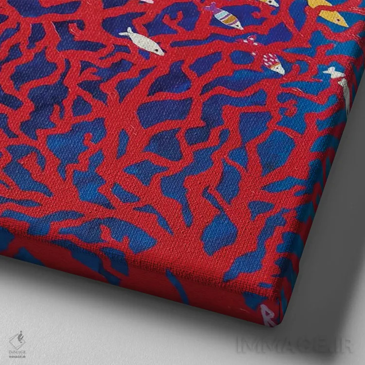 تابلو مرجانها و ماهیهای رنگارنگ اثر بریت بردال نیلسن - نمای نزدیک بافت بوم