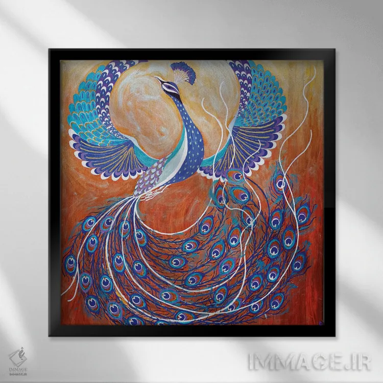 تابلو طاووس در حال پرواز اثر بریت بردال نیلسن - نمای قابدار مشکی