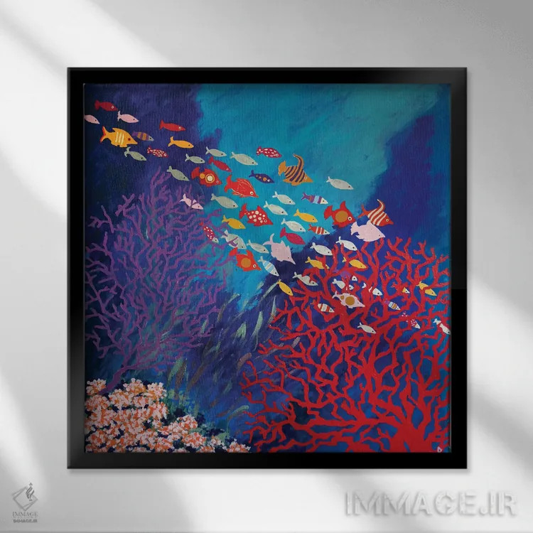 تابلو مرجانها و ماهیهای رنگارنگ اثر بریت بردال نیلسن - نمای قابدار مشکی