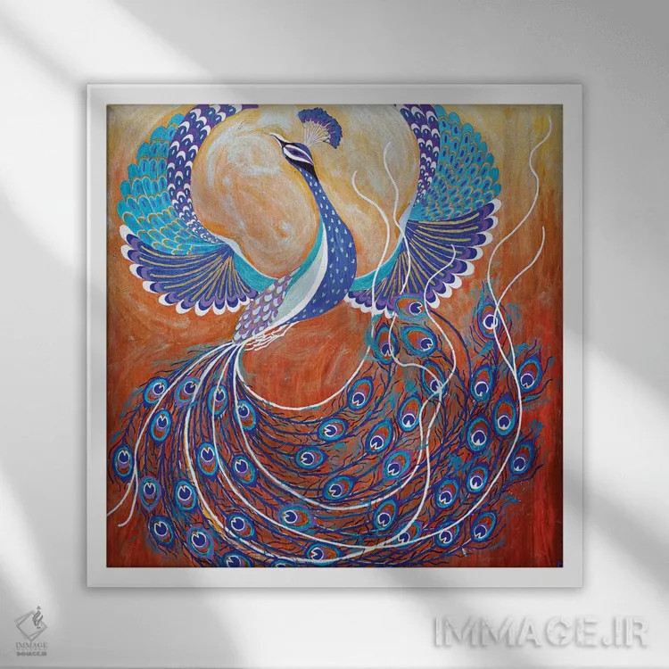 تابلو طاووس در حال پرواز اثر بریت بردال نیلسن - نمای قابدار سفید