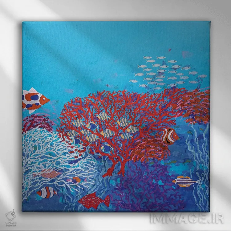 تابلو ماهیهای رنگارنگ در میان مرجانها اثر بریت بردال نیلسن - نمای روبهرو روی دیوار
