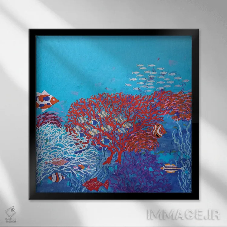 تابلو ماهیهای رنگارنگ در میان مرجانها اثر بریت بردال نیلسن - نمای قابدار مشکی