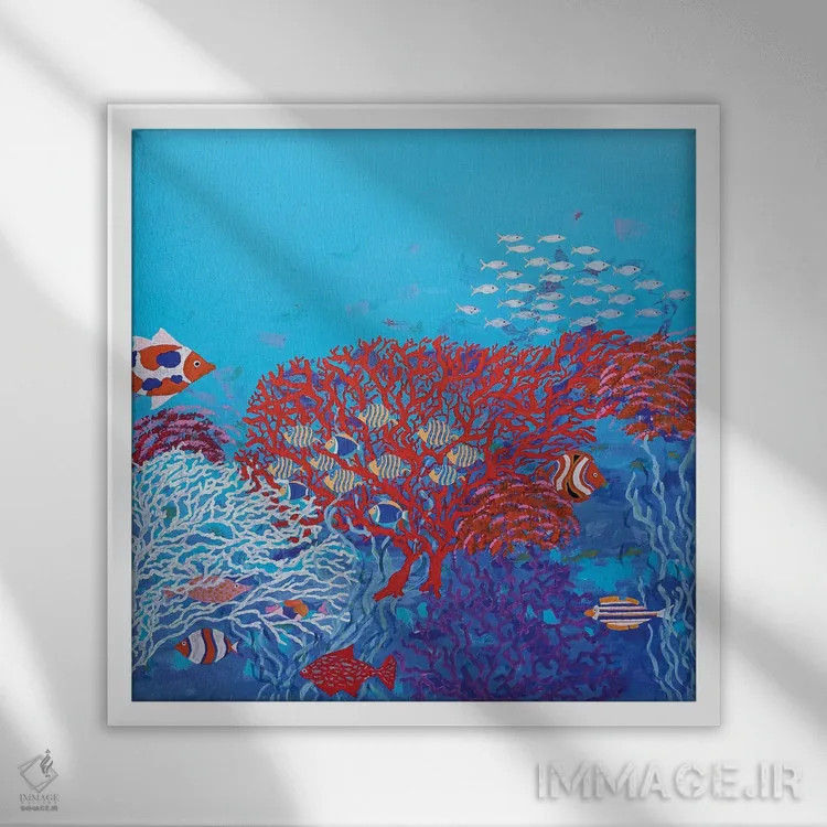 تابلو ماهیهای رنگارنگ در میان مرجانها اثر بریت بردال نیلسن - نمای قابدار سفید