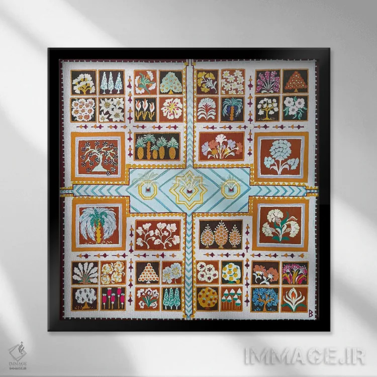 تابلو باغ ایرانی با سه فواره اثر بریت بردال نیلسن - نمای قابدار مشکی