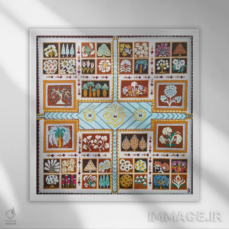 تابلو باغ ایرانی با سه فواره اثر بریت بردال نیلسن - نمای قابدار سفید