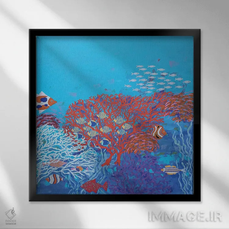 تابلو ماهیهای رنگارنگ میان تپههای مرجانی اثر بریت بردال نیلسن - نمای قابدار مشکی