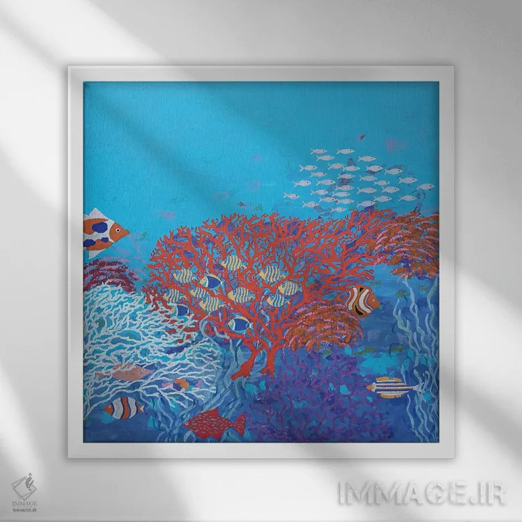 تابلو ماهیهای رنگارنگ میان تپههای مرجانی اثر بریت بردال نیلسن - نمای قابدار سفید