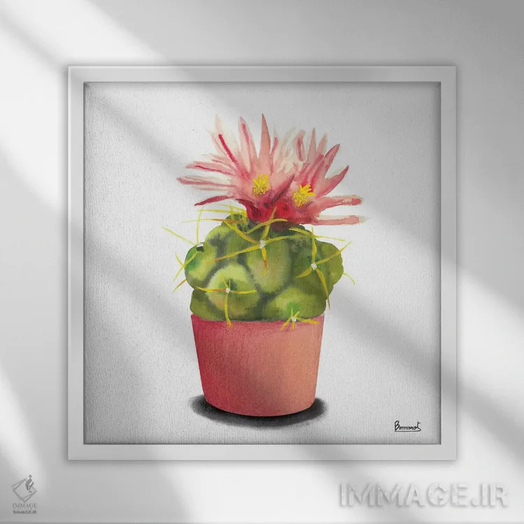 تابلو گلهای کاکتوس ۱ اثر باناروت - نمای قابدار سفید