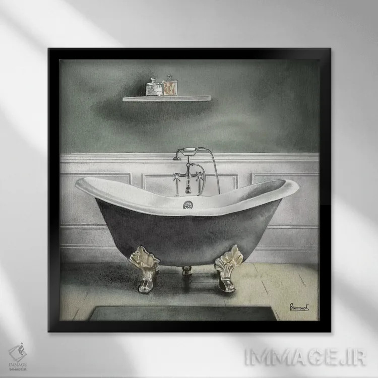 تابلو حمام خاکستری دودی ۱ اثر باناروت - نمای قابدار مشکی